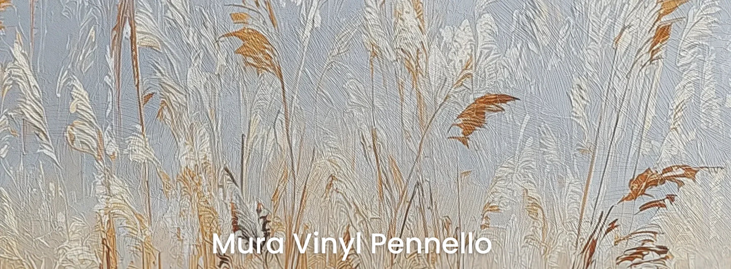 Zbliżenie na fototapetę RUSTIC SERENADE - tapeta z malarską impresją traw o zachodzie słońca na podłożu o fakturze pociągnięć pędzla.