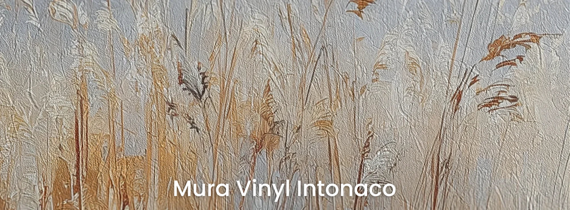 Zbliżenie na fototapetę RUSTIC SERENADE - tapeta z malarską impresją traw o zachodzie słońca na podłożu o strukturze tartego tynku.