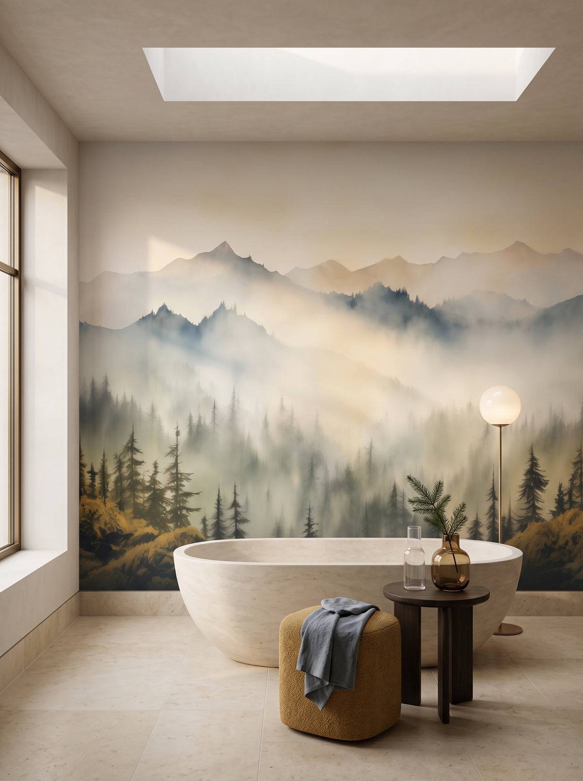Fototapeta artystyczna o nazwie Misty Dawn w aranżacji wnętrza: łazienka spa w luksusowej rezydencji.
