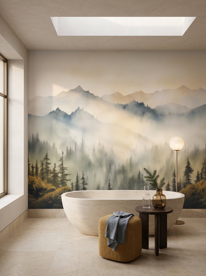 Fototapeta artystyczna o nazwie Misty Dawn w aranżacji wnętrza: łazienka spa w luksusowej rezydencji.