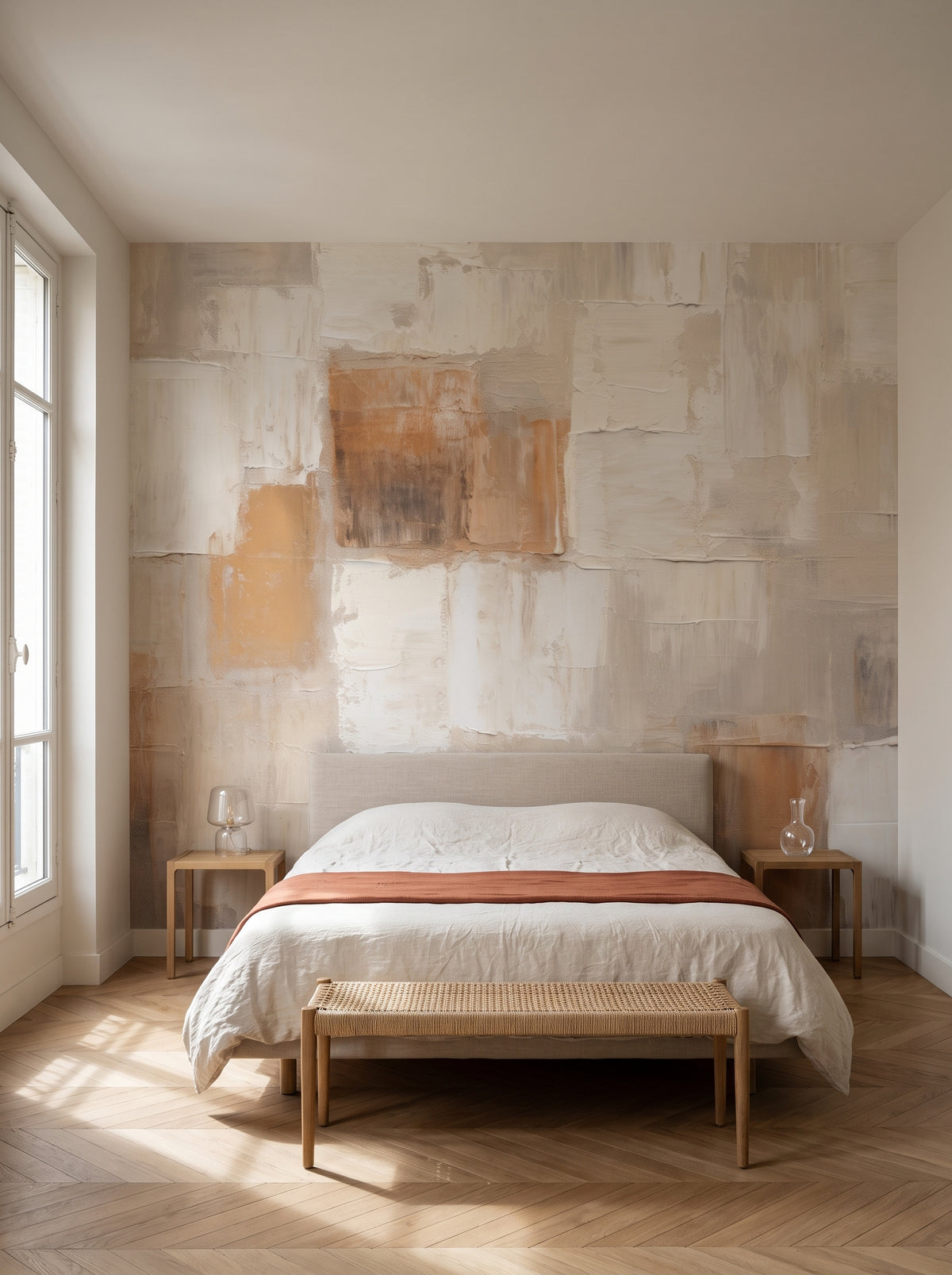 Fototapeta artystyczna o nazwie Contemporary Blocks w aranżacji wnętrza: sypialnia w paryskim apartamencie.