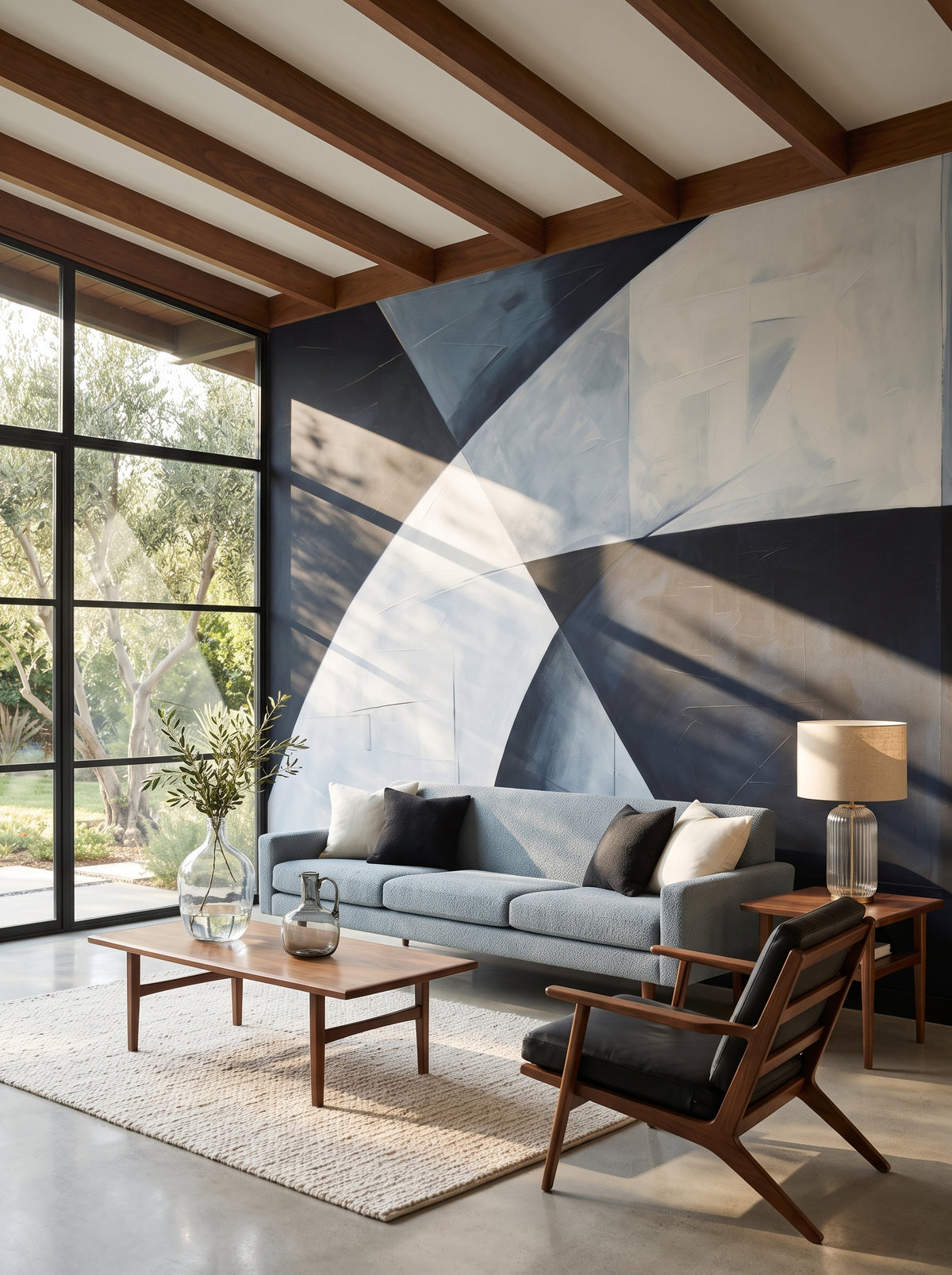 Papier peint panoramique artistique « Abstract Curves » dans un intérieur : salon dans une maison moderniste californienne du milieu du XXe siècle.