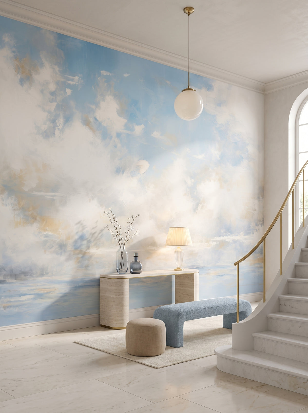 Papier peint panoramique artistique « AURORAL MIST HORIZON » dans un intérieur : hall d'entrée d'une résidence de style classique moderne.