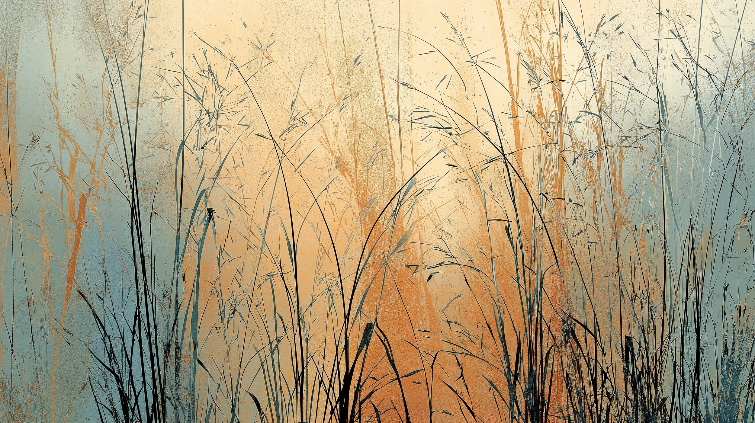 Pattern preview: Prezentacja całego wzoru fototapety o nazwie TWILIGHT SEDGE - tapeta z trawami na tle miedziano-turkusowego nieba