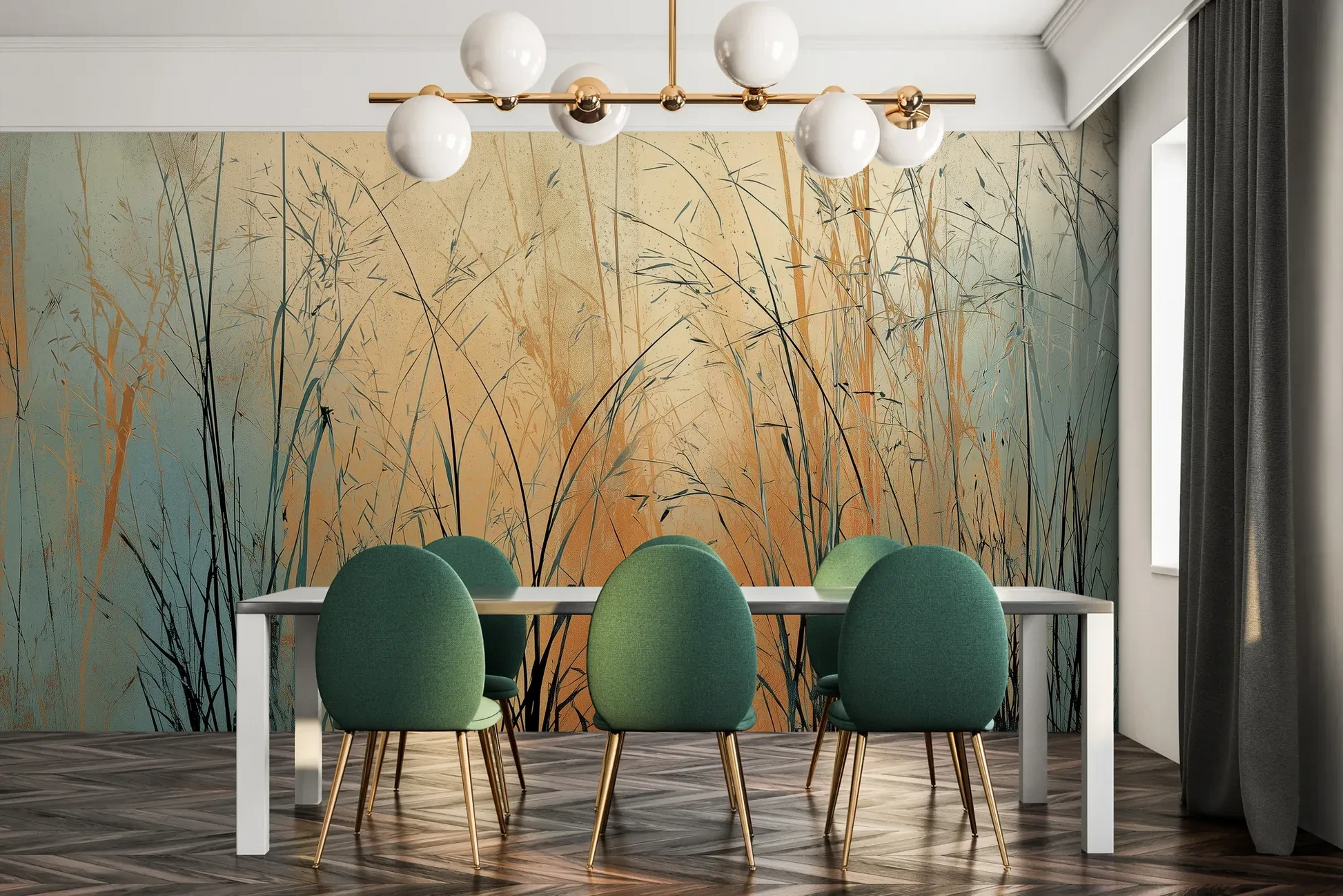 Fototapeta TWILIGHT SEDGE - tapeta z trawami na tle miedziano-turkusowego nieba pokazana w aranżacji jadalni.