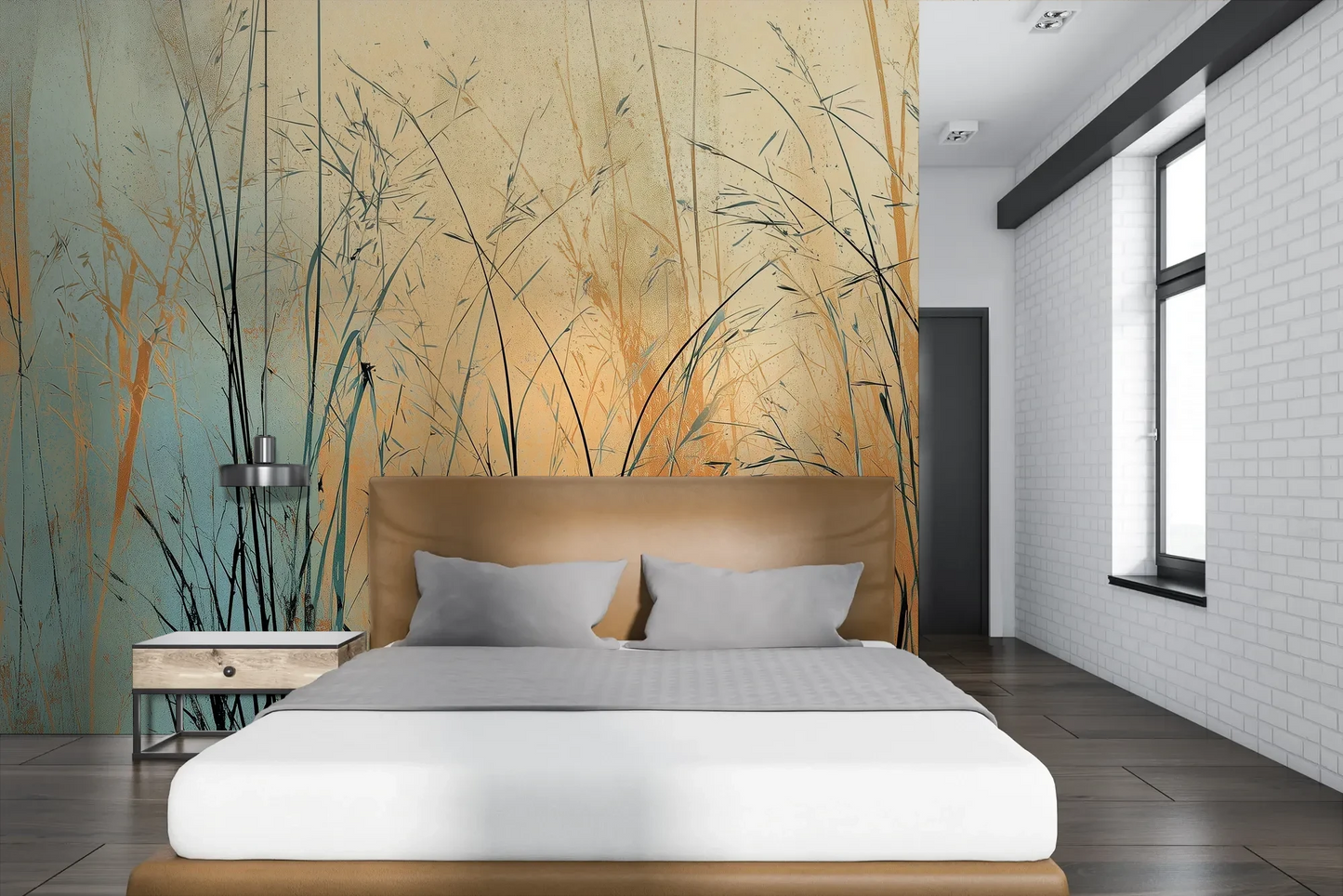 Wzór fototapety TWILIGHT SEDGE - tapeta z trawami na tle miedziano-turkusowego nieba pokazanej w aranżacji sypialni.