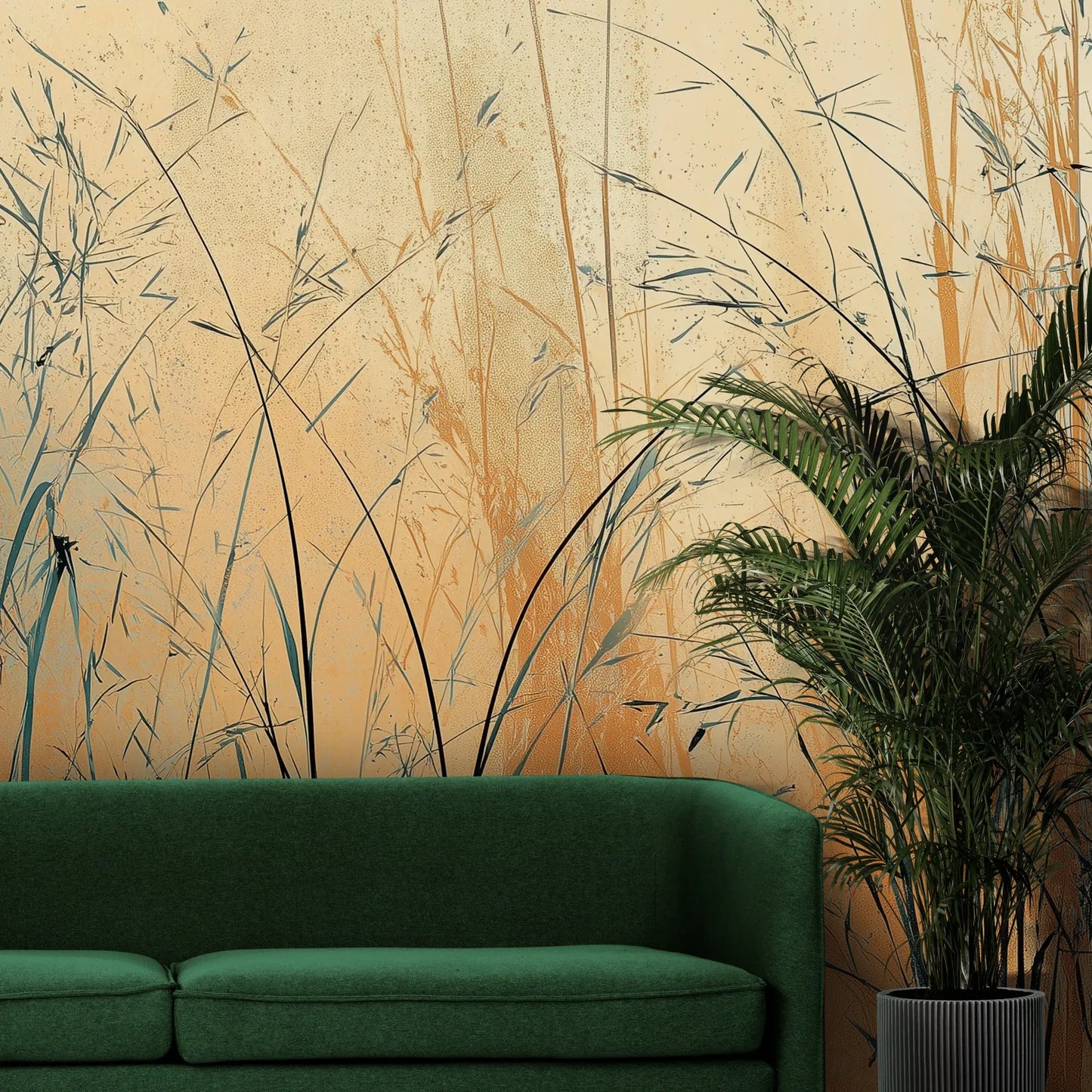 Fototapeta TWILIGHT SEDGE - tapeta z trawami na tle miedziano-turkusowego nieba pokazana w aranżacji wnętrza z akcentem na ścianie.