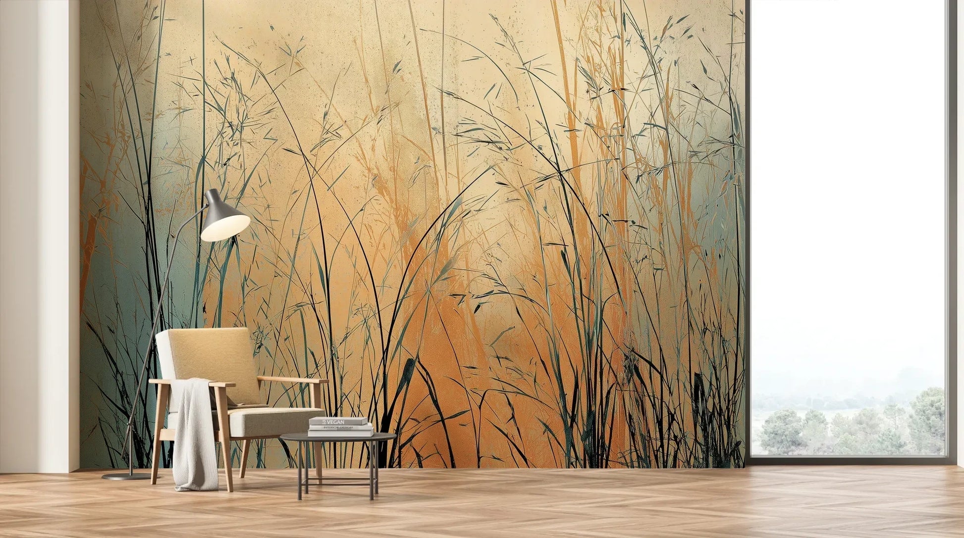 Wzór fototapety TWILIGHT SEDGE - tapeta z trawami na tle miedziano-turkusowego nieba pokazanej w aranżacji salonu.