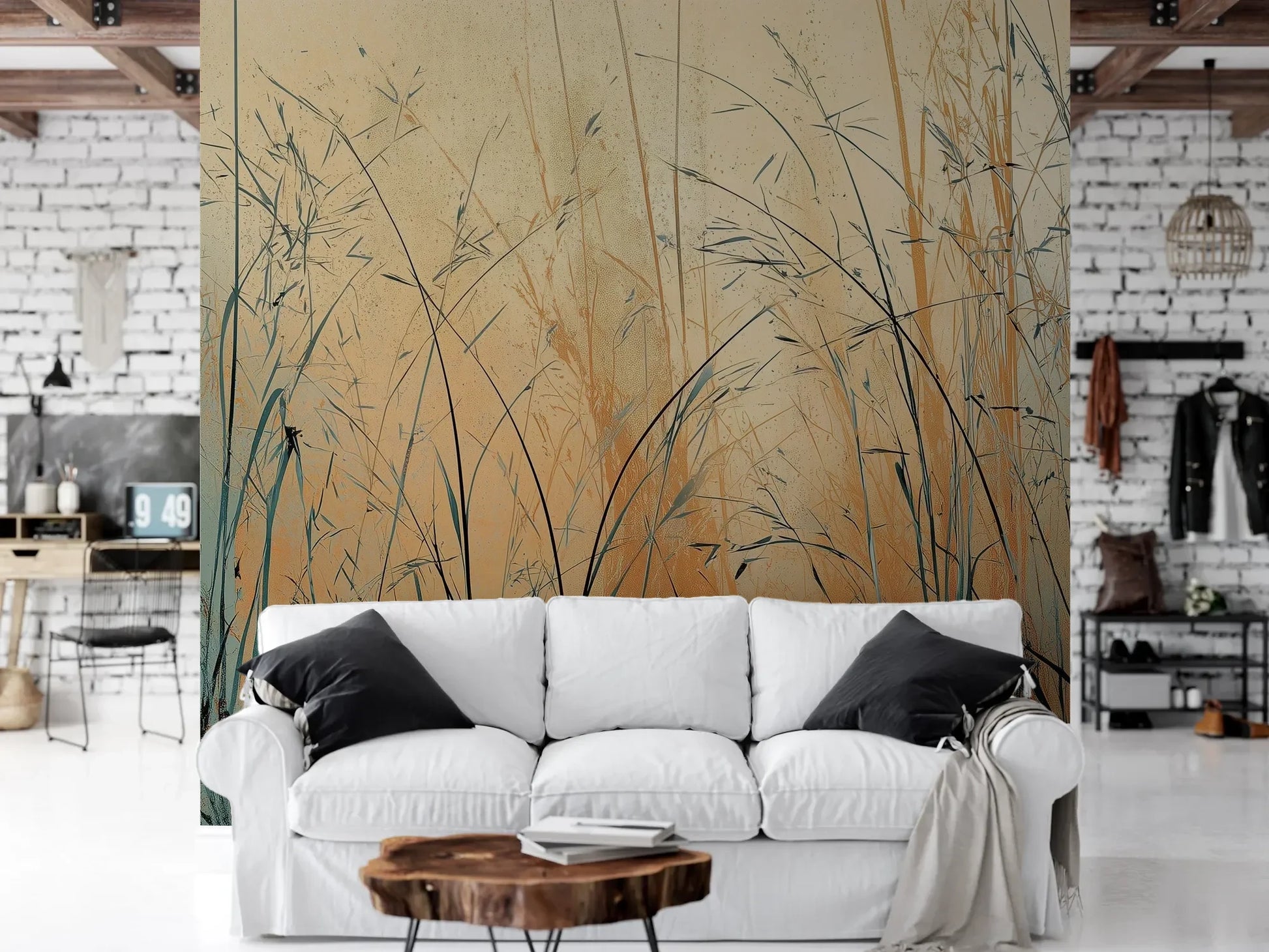 Wzór fototapety TWILIGHT SEDGE - tapeta z trawami na tle miedziano-turkusowego nieba pokazanej w aranżacji salonu.