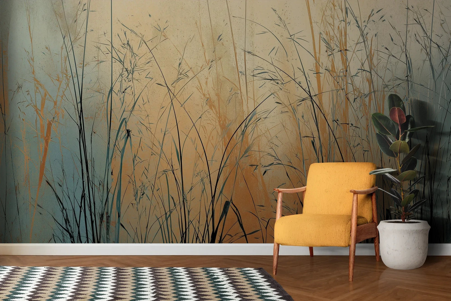 Wzór fototapety TWILIGHT SEDGE - tapeta z trawami na tle miedziano-turkusowego nieba pokazanej w aranżacji salonu.