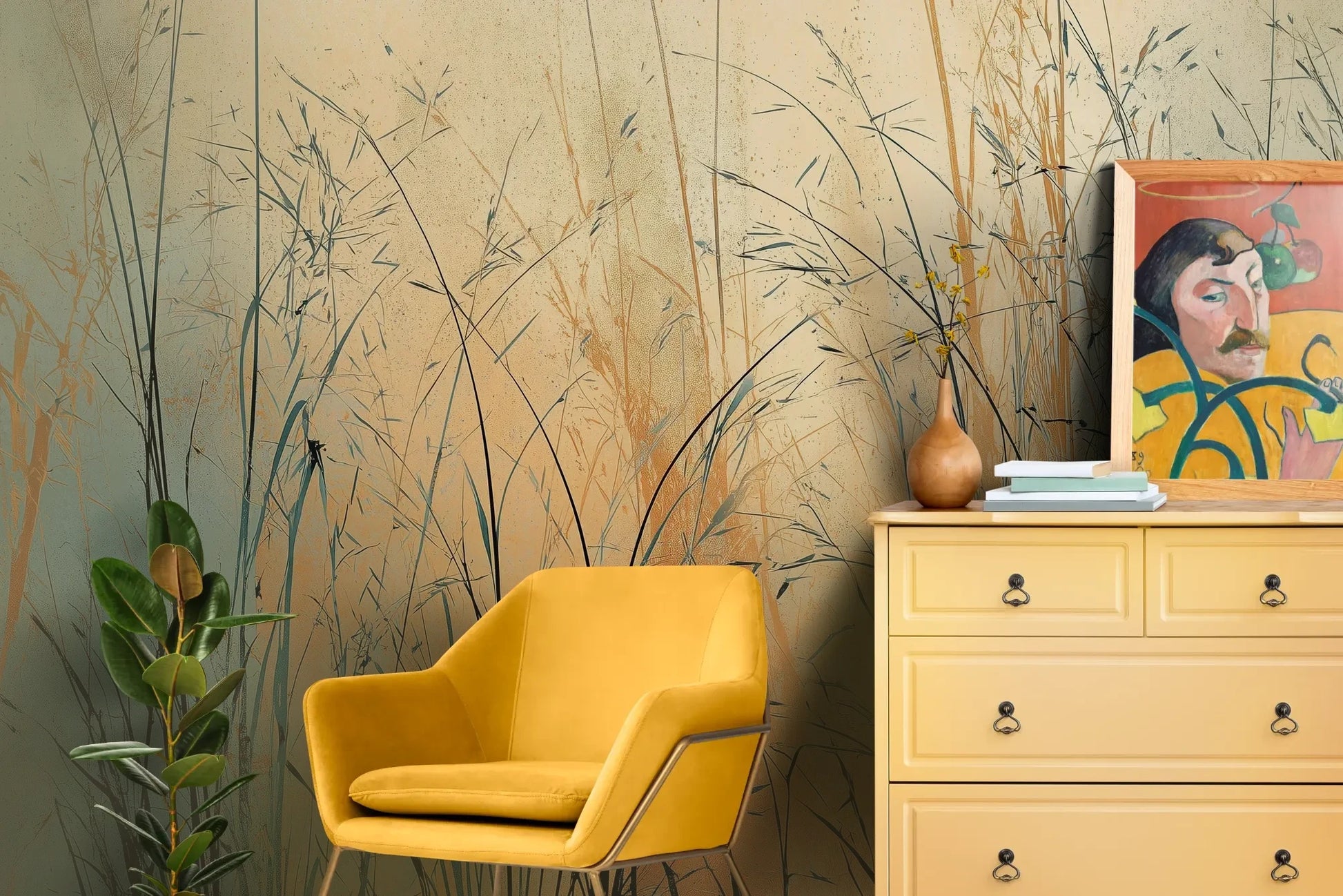 Wzór fototapety TWILIGHT SEDGE - tapeta z trawami na tle miedziano-turkusowego nieba pokazanej w aranżacji salonu.