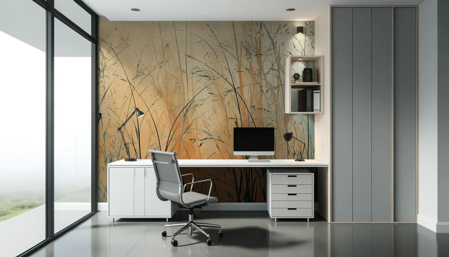 Fototapeta TWILIGHT SEDGE - tapeta z trawami na tle miedziano-turkusowego nieba pokazana w aranżacji biura.