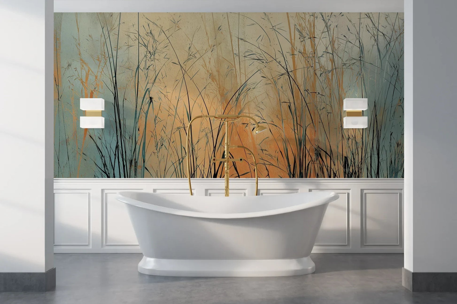 Wzór fototapety TWILIGHT SEDGE - tapeta z trawami na tle miedziano-turkusowego nieba pokazanej w aranżacji łazienki.