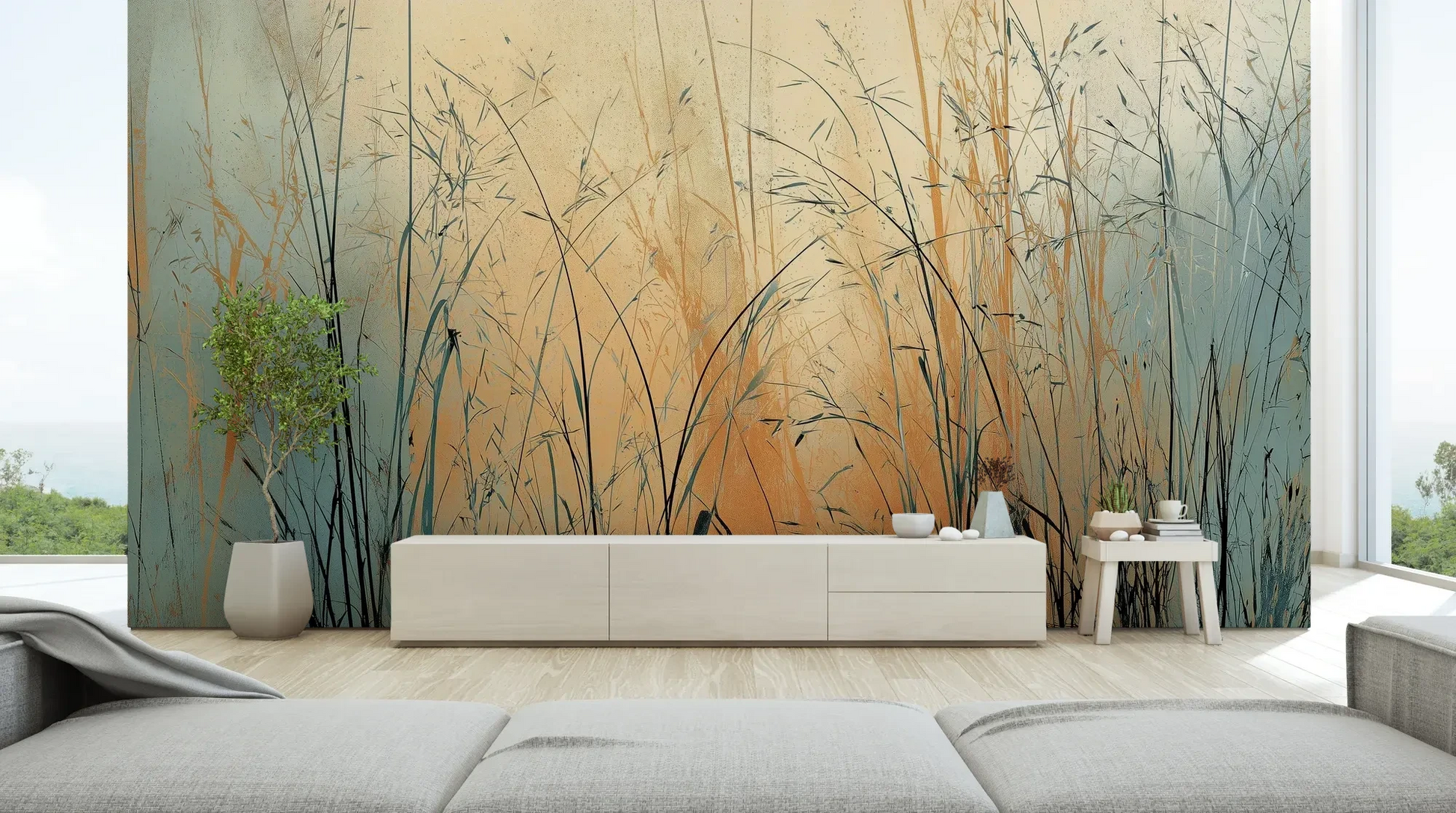 Wzór fototapety TWILIGHT SEDGE - tapeta z trawami na tle miedziano-turkusowego nieba pokazanej w aranżacji salonu.