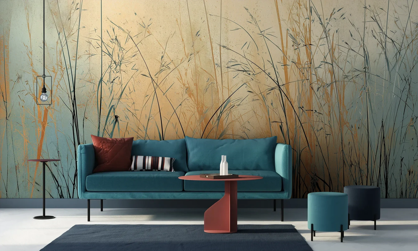 Wzór fototapety TWILIGHT SEDGE - tapeta z trawami na tle miedziano-turkusowego nieba pokazanej w aranżacji salonu.