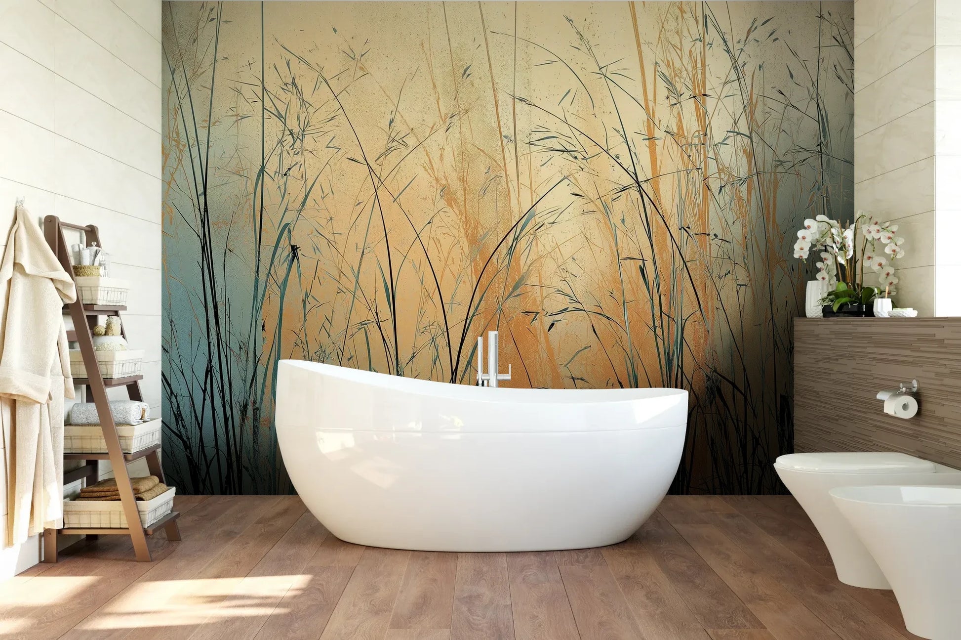 Wzór fototapety TWILIGHT SEDGE - tapeta z trawami na tle miedziano-turkusowego nieba pokazanej w aranżacji łazienki.