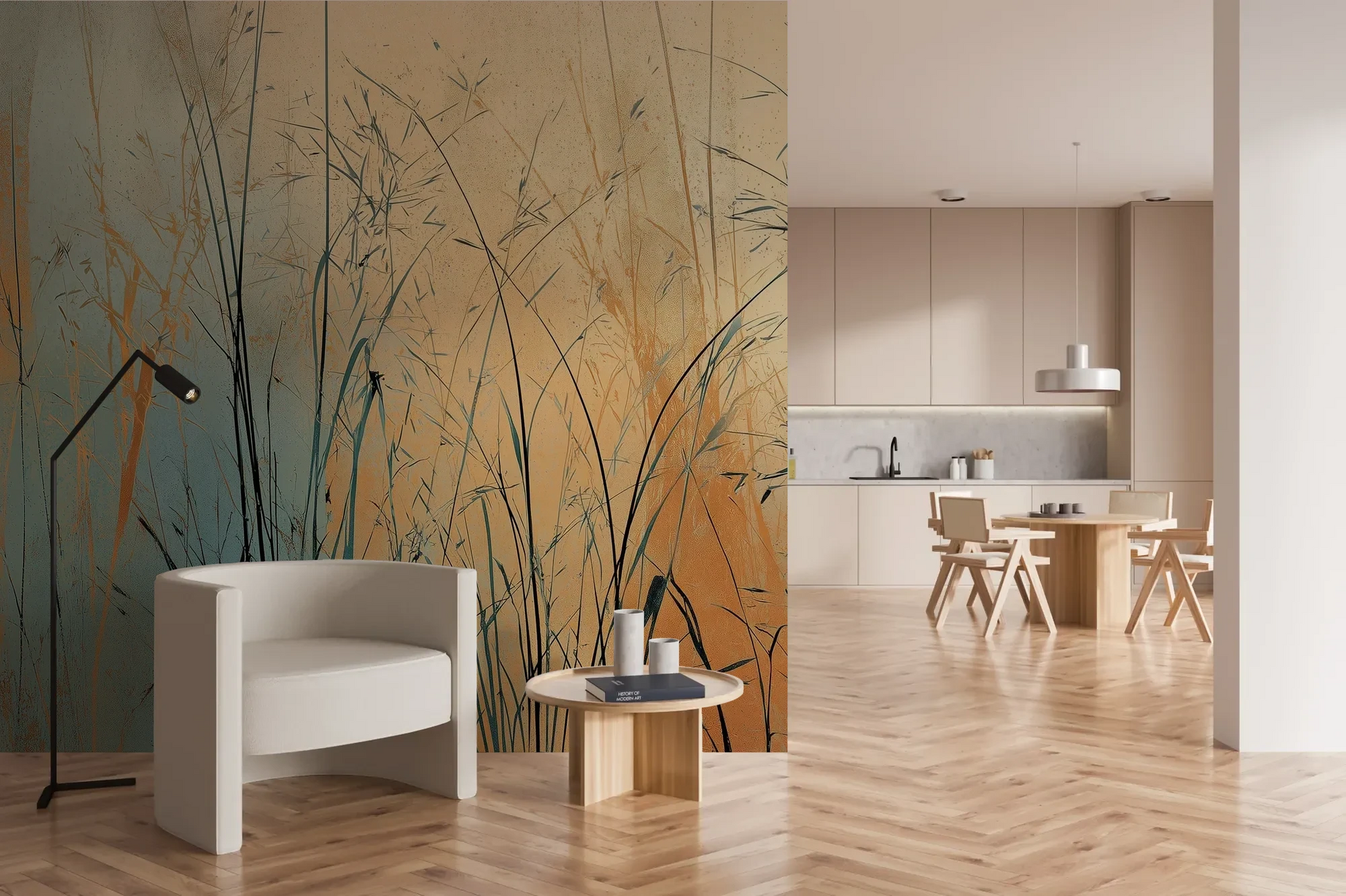Wzór fototapety TWILIGHT SEDGE - tapeta z trawami na tle miedziano-turkusowego nieba pokazanej w aranżacji kuchni.