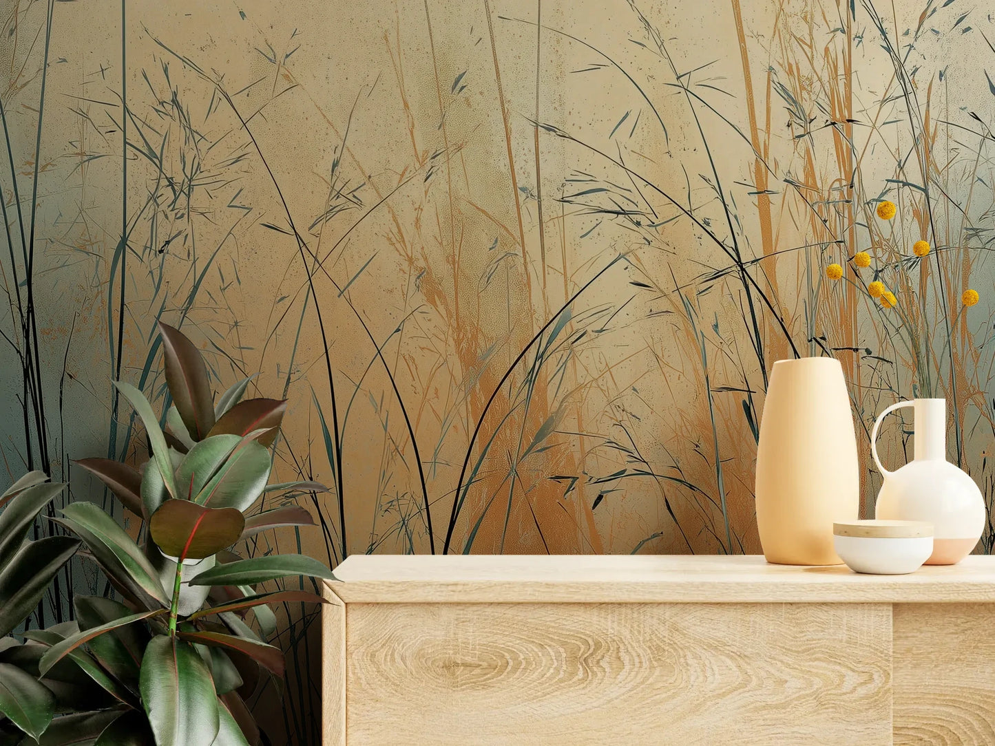 Fototapeta TWILIGHT SEDGE - tapeta z trawami na tle miedziano-turkusowego nieba pokazana w aranżacji wnętrza z akcentem na ścianie.