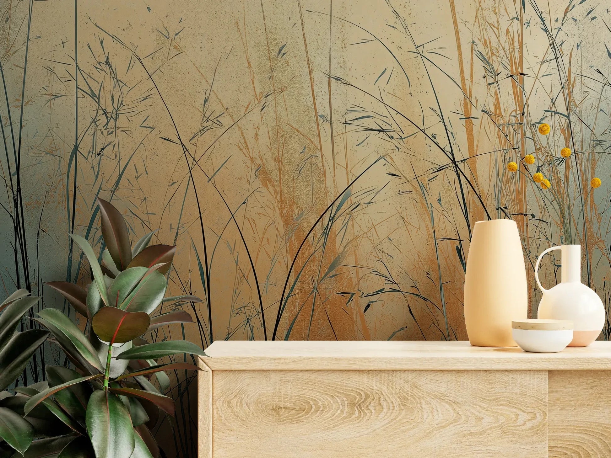 Fototapeta TWILIGHT SEDGE - tapeta z trawami na tle miedziano-turkusowego nieba pokazana w aranżacji wnętrza z akcentem na ścianie.