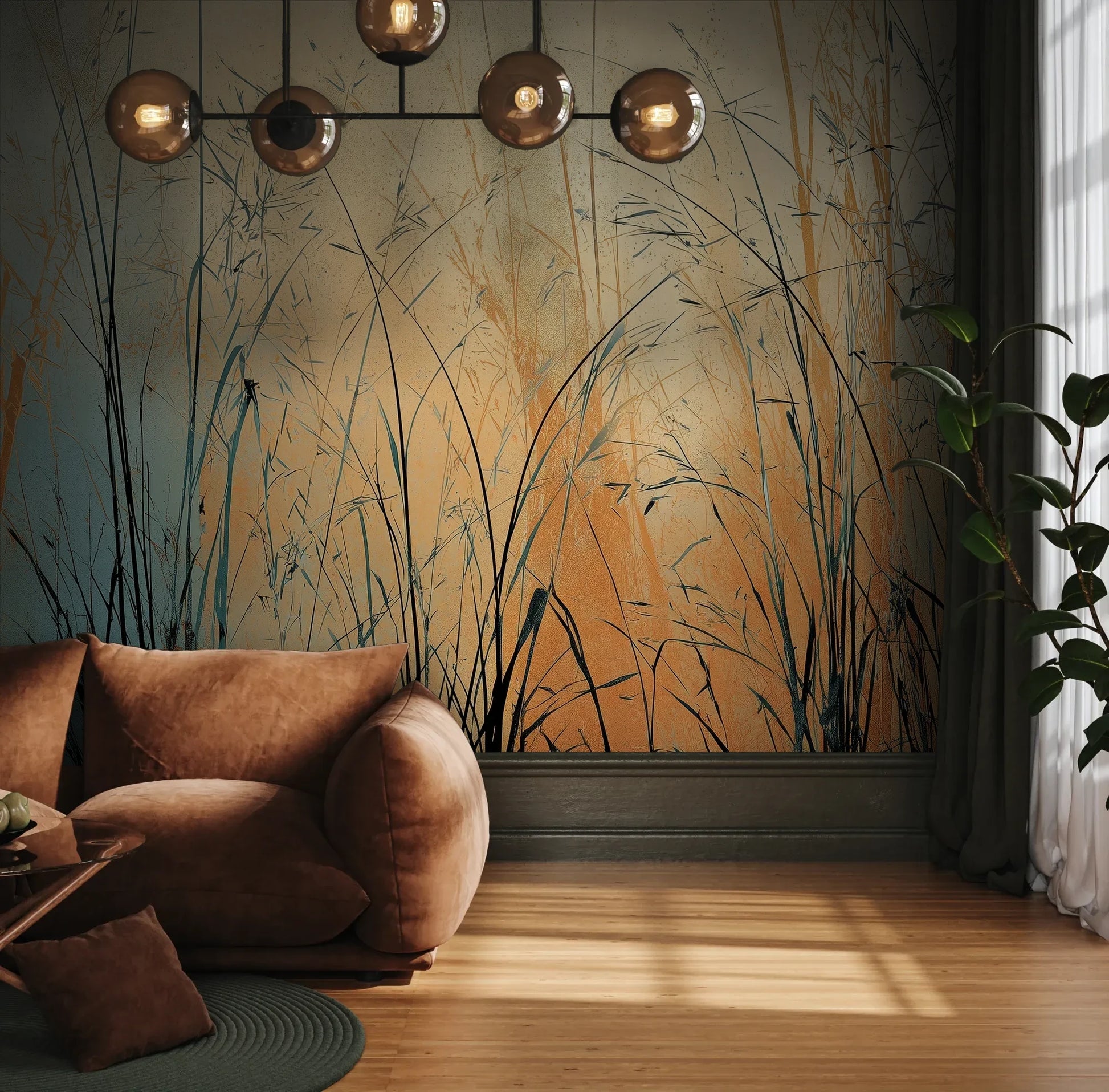 Fototapeta TWILIGHT SEDGE - tapeta z trawami na tle miedziano-turkusowego nieba pokazana w aranżacji wnętrza z akcentem na ścianie.