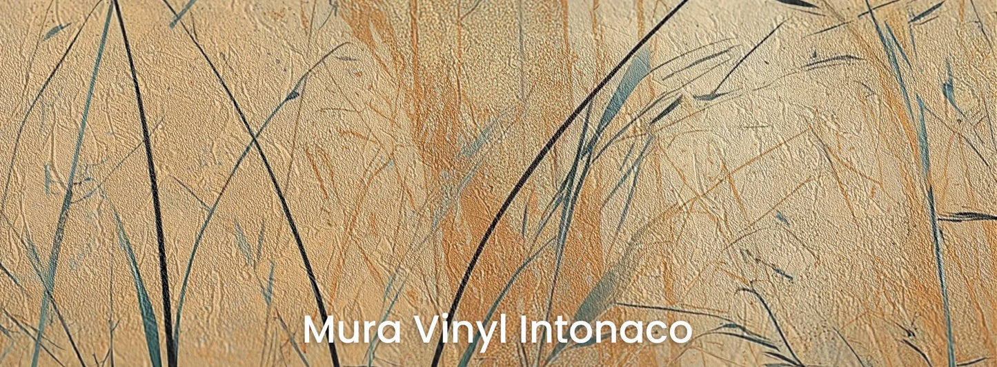 Zbliżenie na fototapetę TWILIGHT SEDGE - tapeta z trawami na tle miedziano-turkusowego nieba na podłożu o strukturze tartego tynku.