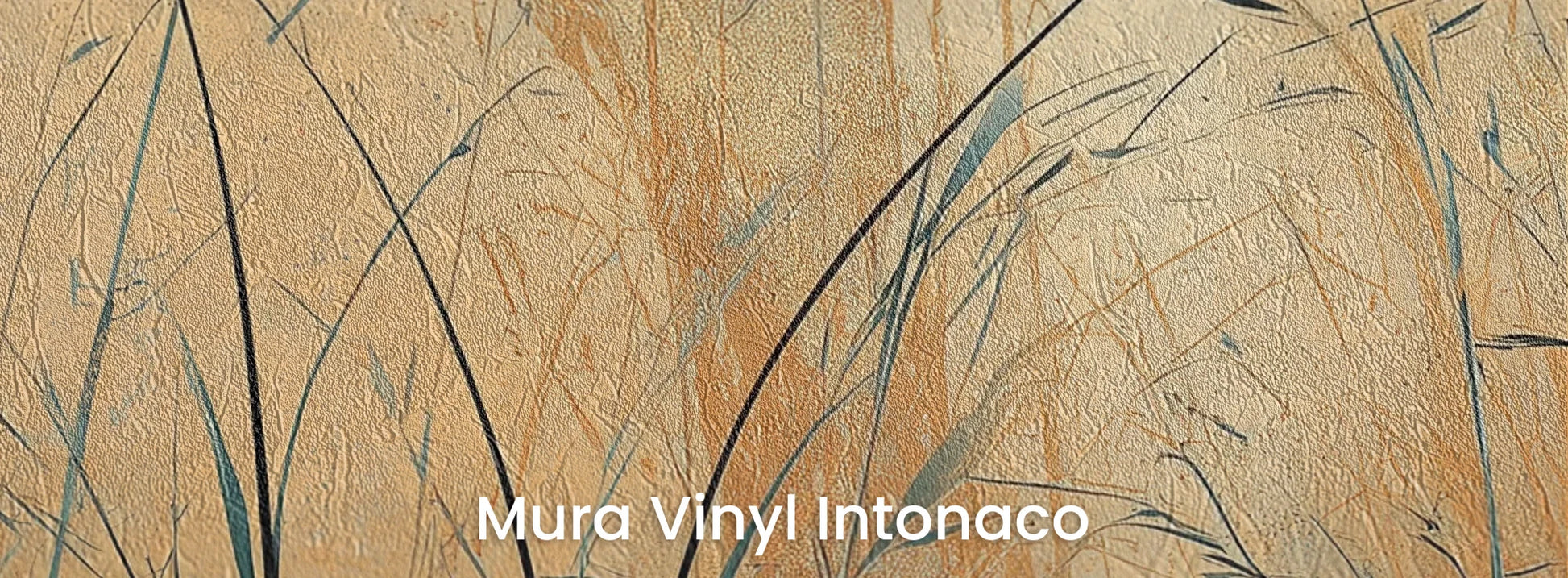 Zbliżenie na fototapetę TWILIGHT SEDGE - tapeta z trawami na tle miedziano-turkusowego nieba na podłożu o strukturze tartego tynku.