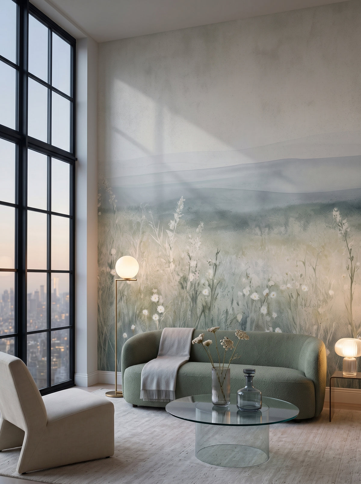 Fototapeta artystyczna o nazwie SILENT WILDFLOWERS w aranżacji wnętrza: salon w penthousie na Manhattanie.