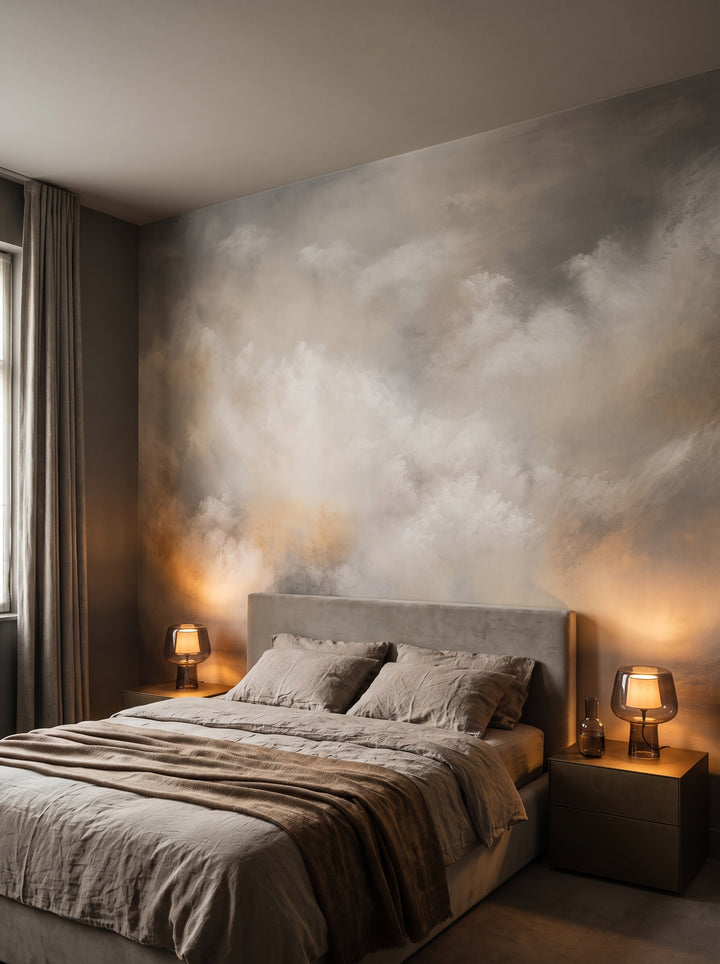 Fototapeta artystyczna o nazwie GOLDEN STORM EMBRACE w aranżacji wnętrza: otulająca sypialnia w hotelu designerskim.