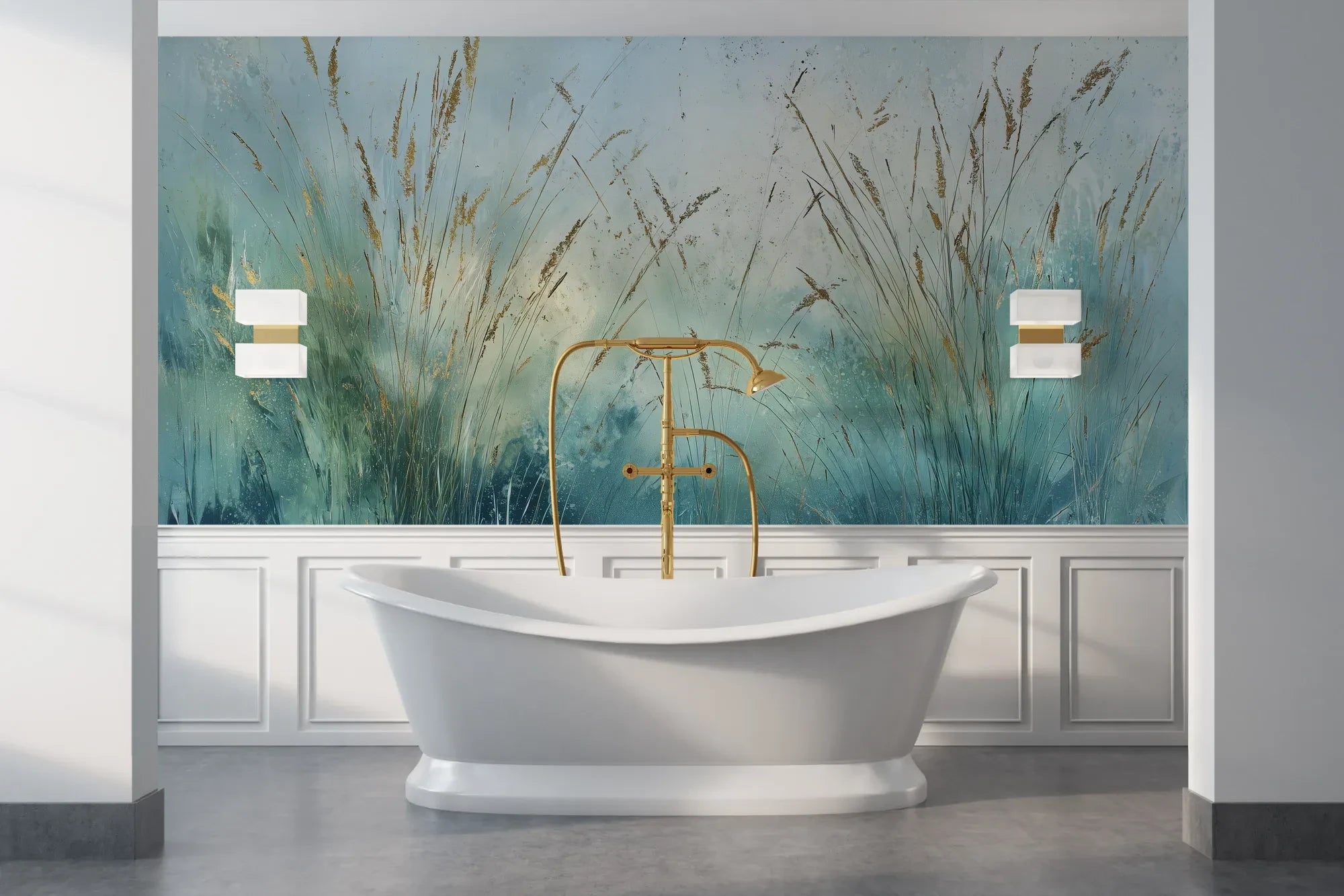 Wzór fototapety AZURE SYMPHONY - tapeta z mglistymi trawami na błękitnym tle pokazanej w aranżacji łazienki.