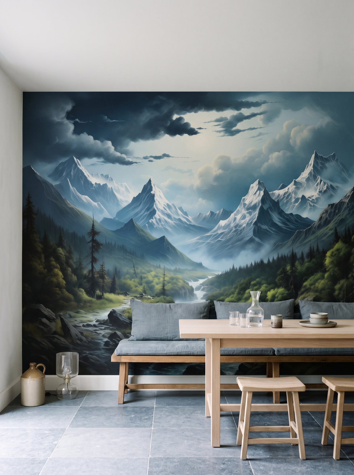 Fototapeta artystyczna o nazwie Enchanted Valley #2 w aranżacji wnętrza: kuchnia z jadalnią w belgijskim domu na wsi.