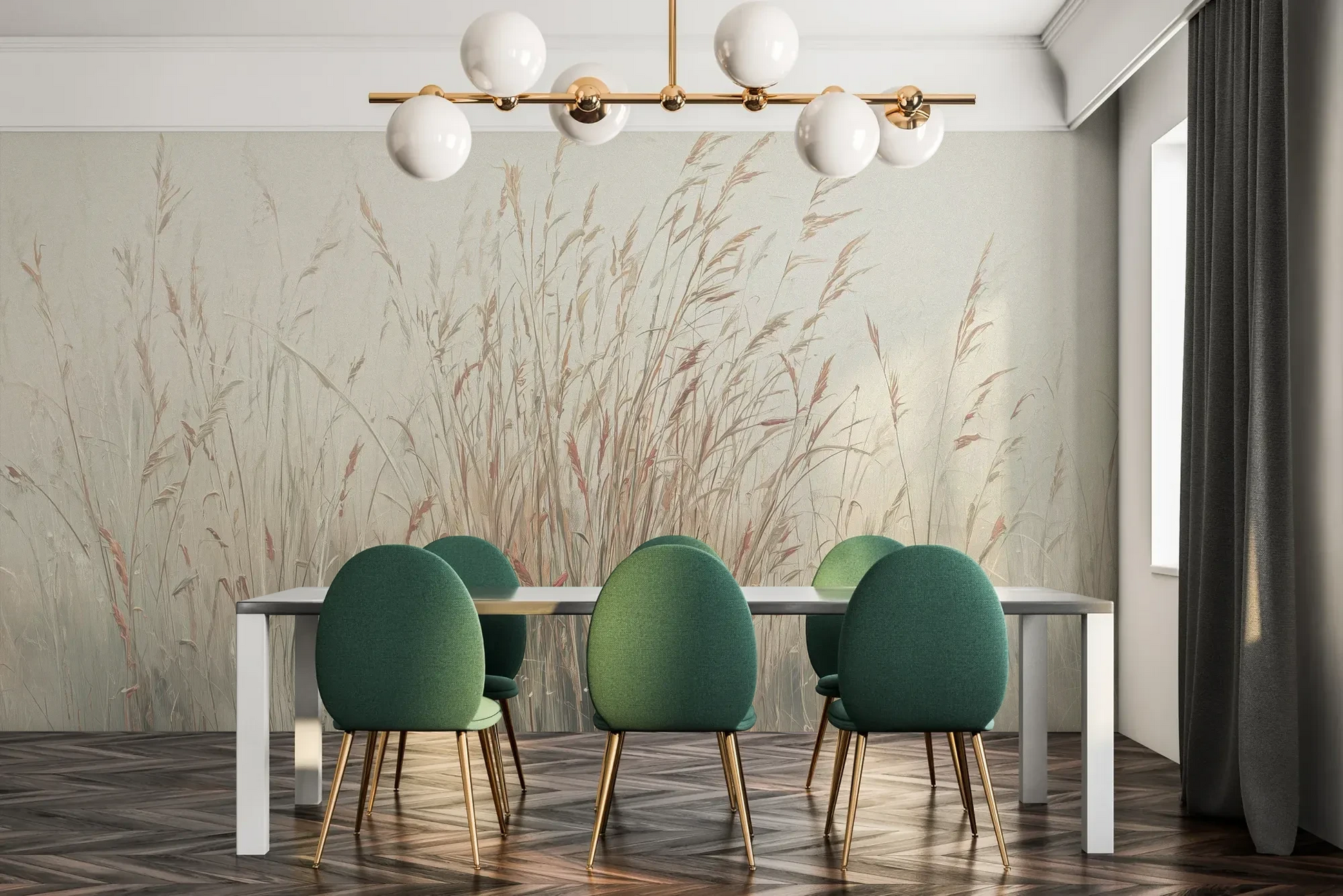 Fototapeta MORNING WHISPERS - tapeta z mglistymi trawami o świcie pokazana w aranżacji jadalni.