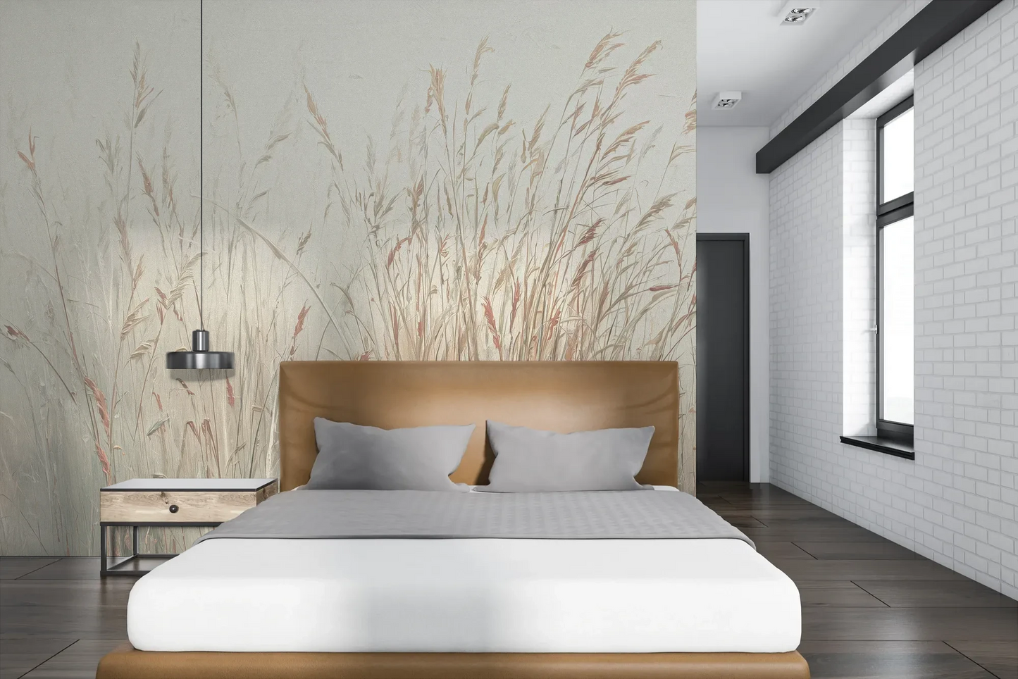 Wzór fototapety MORNING WHISPERS - tapeta z mglistymi trawami o świcie pokazanej w aranżacji sypialni.