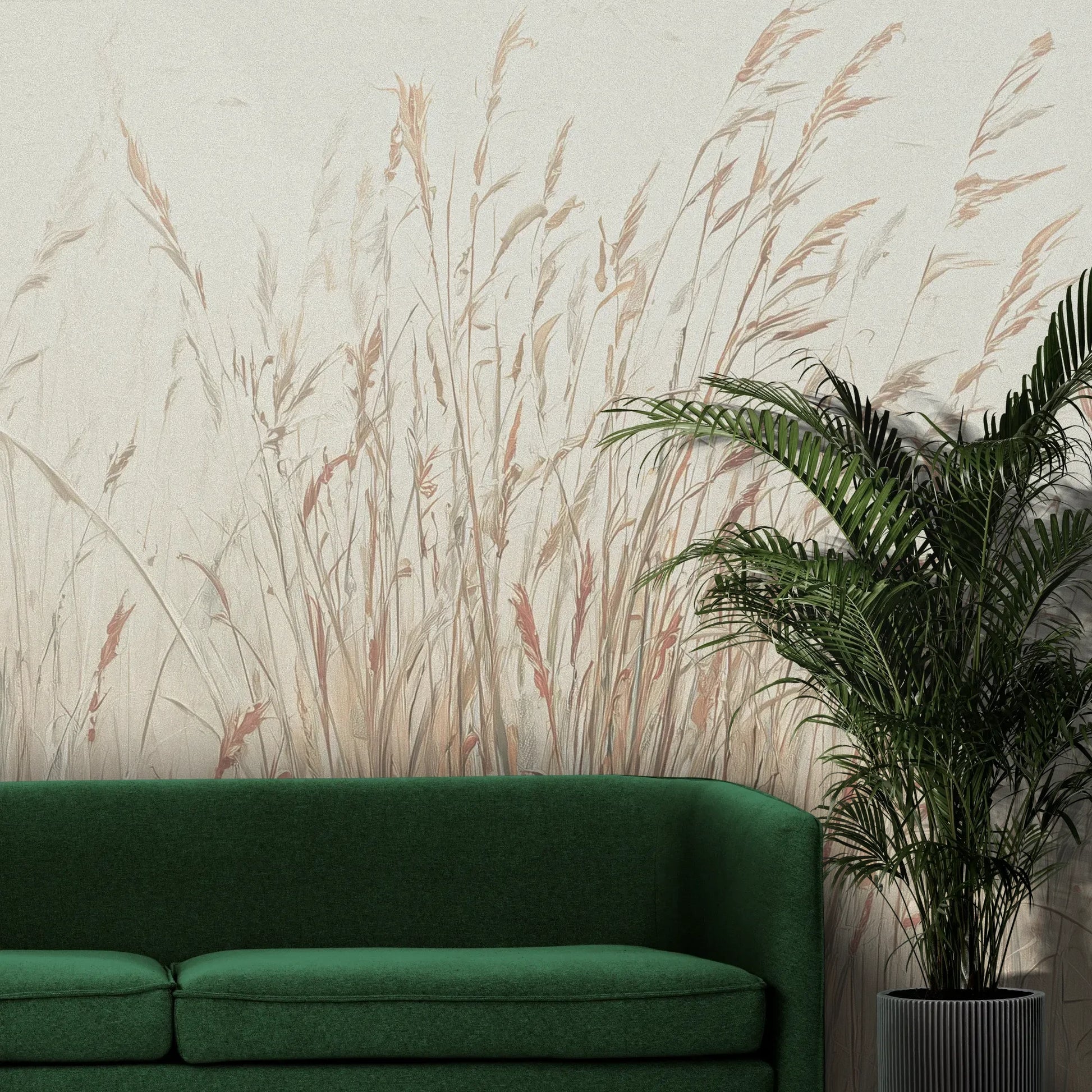 Fototapeta MORNING WHISPERS - tapeta z mglistymi trawami o świcie pokazana w aranżacji wnętrza z akcentem na ścianie.