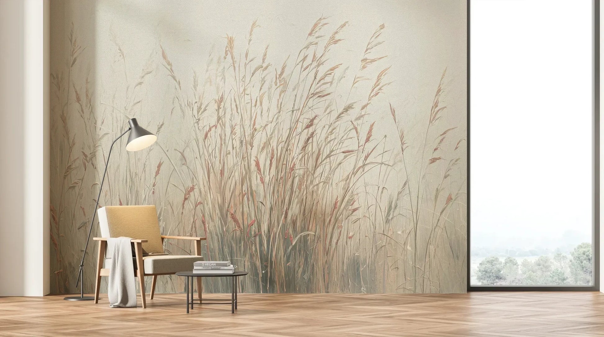 Wzór fototapety MORNING WHISPERS - tapeta z mglistymi trawami o świcie pokazanej w aranżacji salonu.