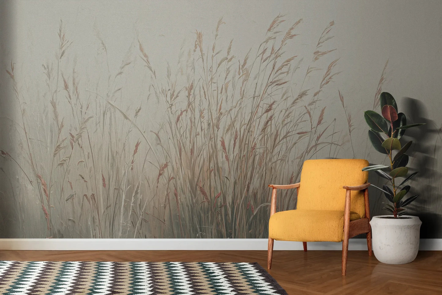 Wzór fototapety MORNING WHISPERS - tapeta z mglistymi trawami o świcie pokazanej w aranżacji salonu.