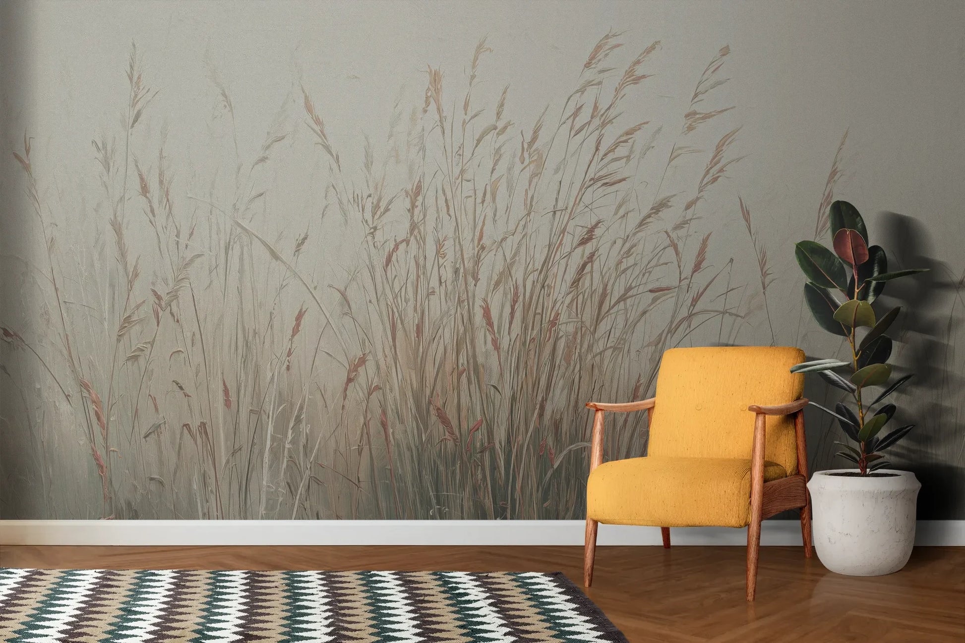 Wzór fototapety MORNING WHISPERS - tapeta z mglistymi trawami o świcie pokazanej w aranżacji salonu.