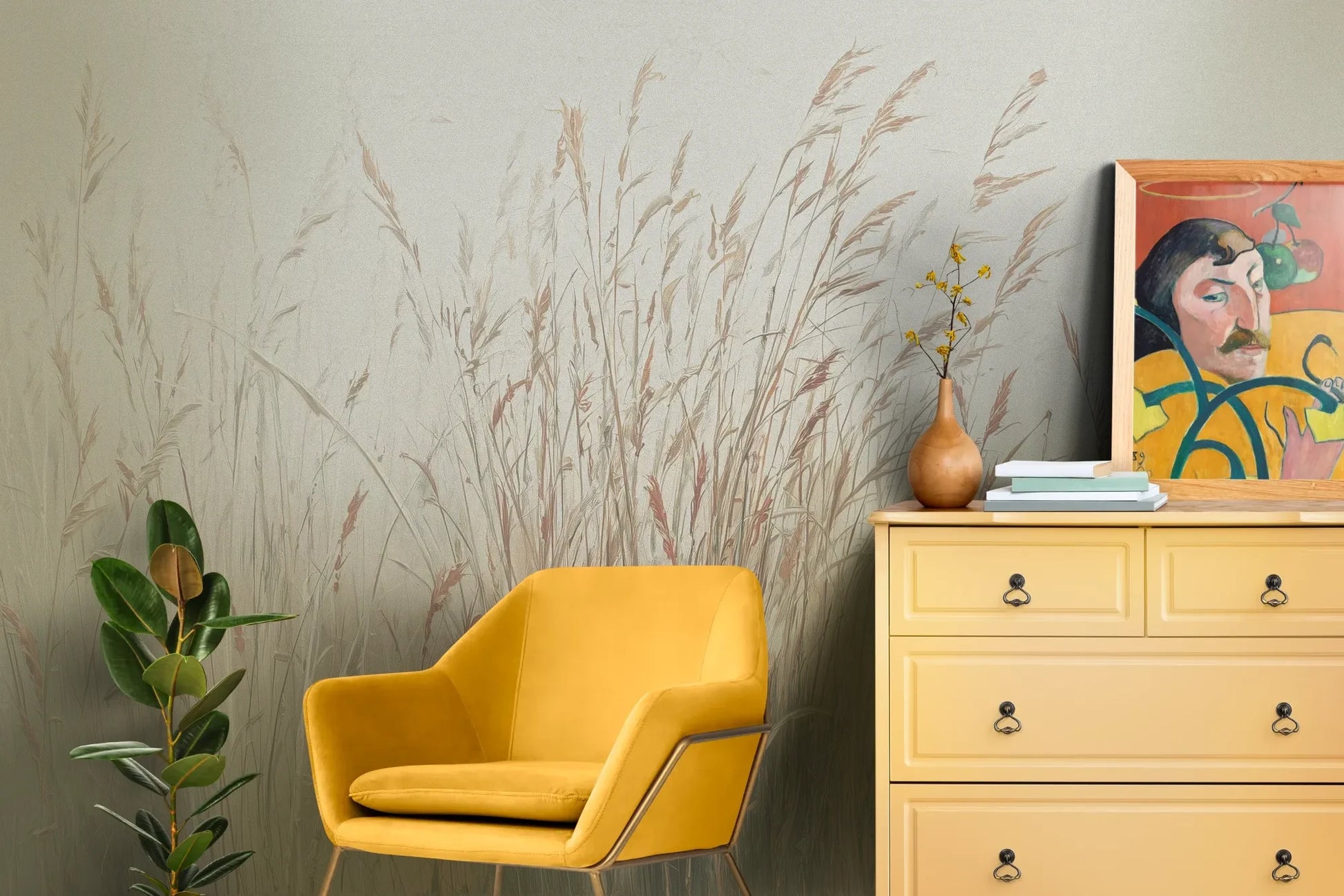 Wzór fototapety MORNING WHISPERS - tapeta z mglistymi trawami o świcie pokazanej w aranżacji salonu.
