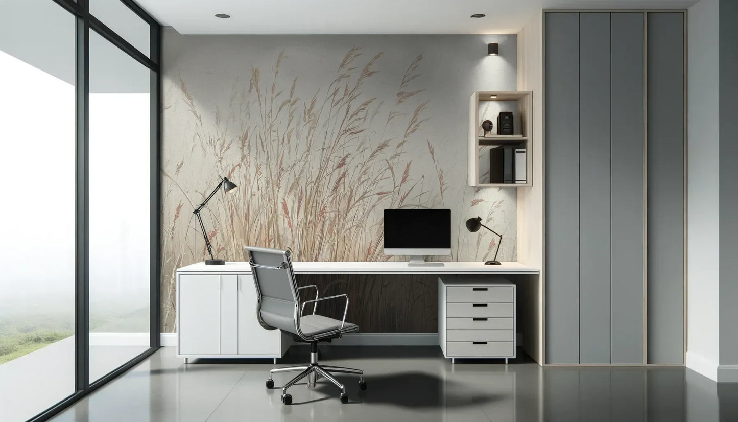 Fototapeta MORNING WHISPERS - tapeta z mglistymi trawami o świcie pokazana w aranżacji biura.