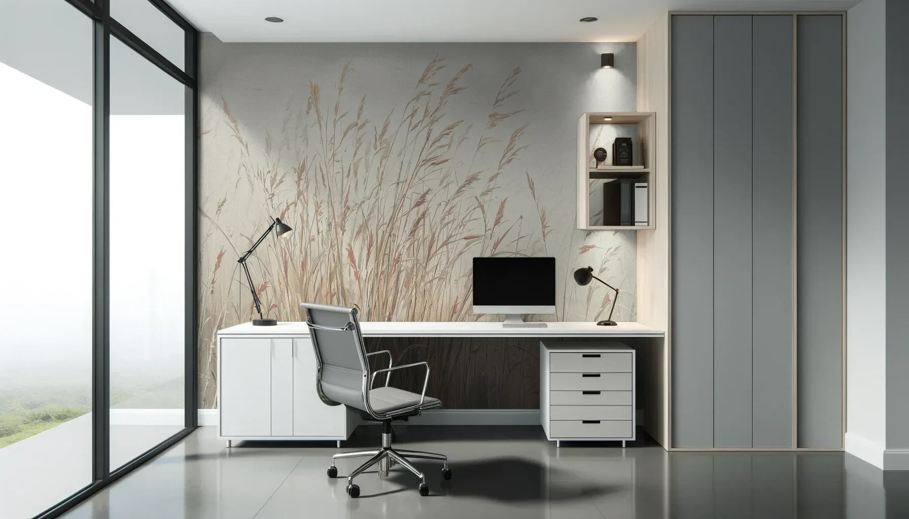 Fototapeta MORNING WHISPERS - tapeta z mglistymi trawami o świcie pokazana w aranżacji biura.