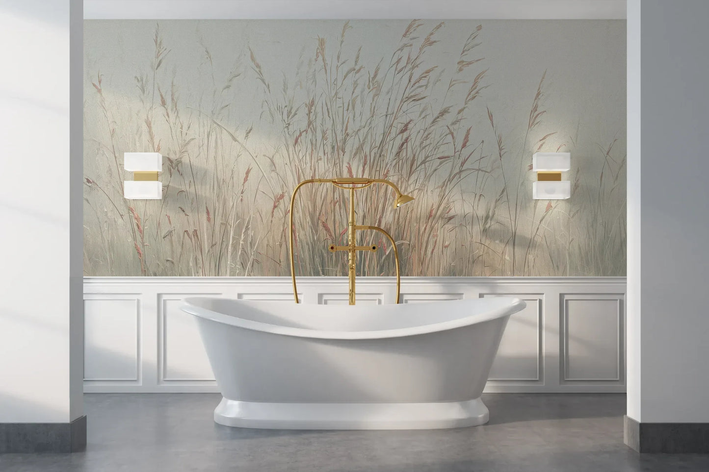 Wzór fototapety MORNING WHISPERS - tapeta z mglistymi trawami o świcie pokazanej w aranżacji łazienki.