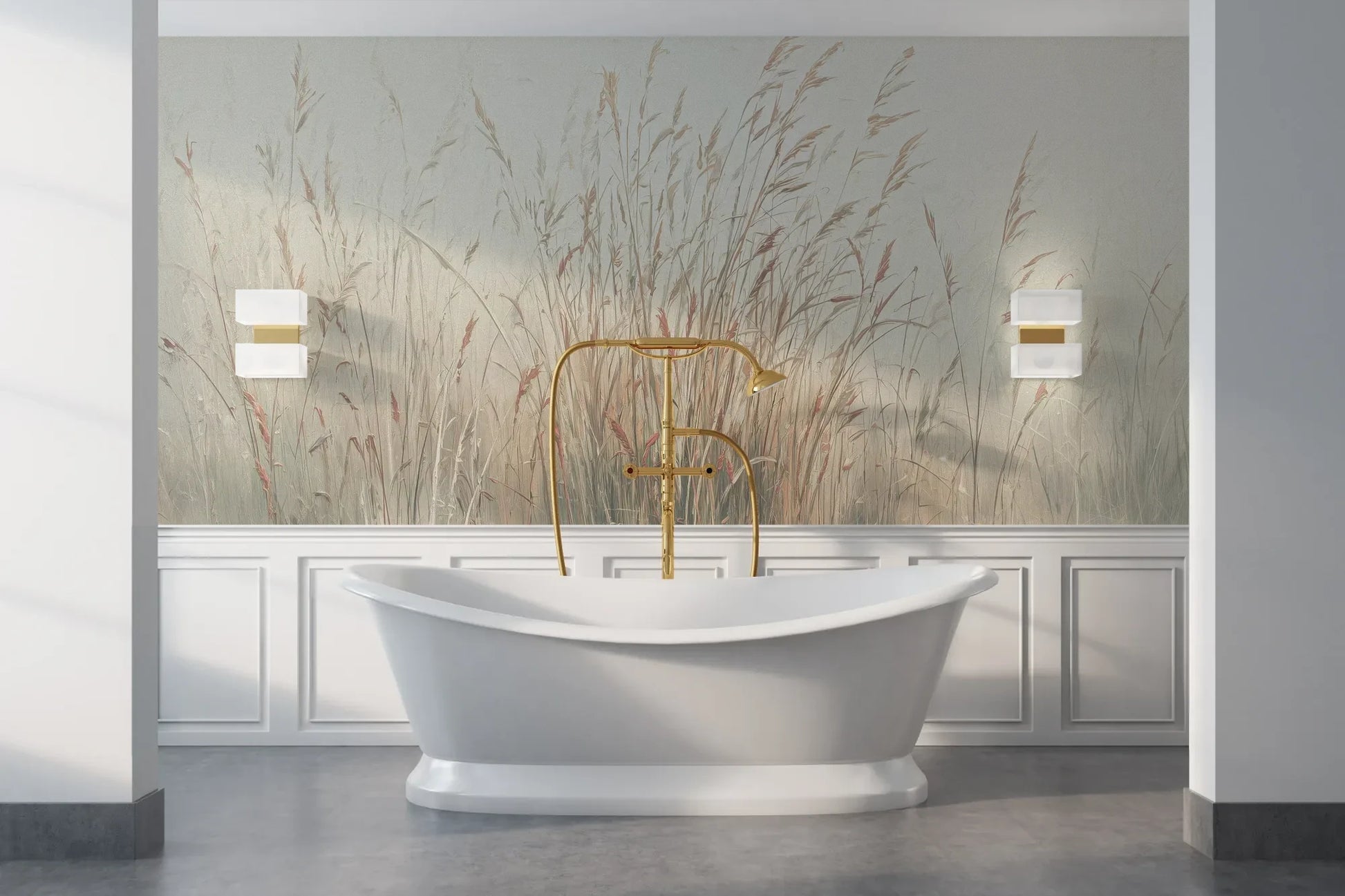 Wzór fototapety MORNING WHISPERS - tapeta z mglistymi trawami o świcie pokazanej w aranżacji łazienki.