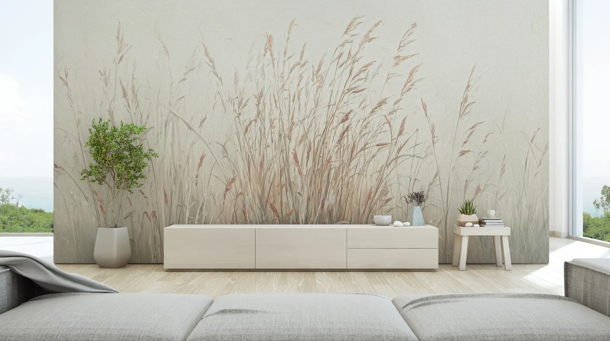 Wzór fototapety MORNING WHISPERS - tapeta z mglistymi trawami o świcie pokazanej w aranżacji salonu.