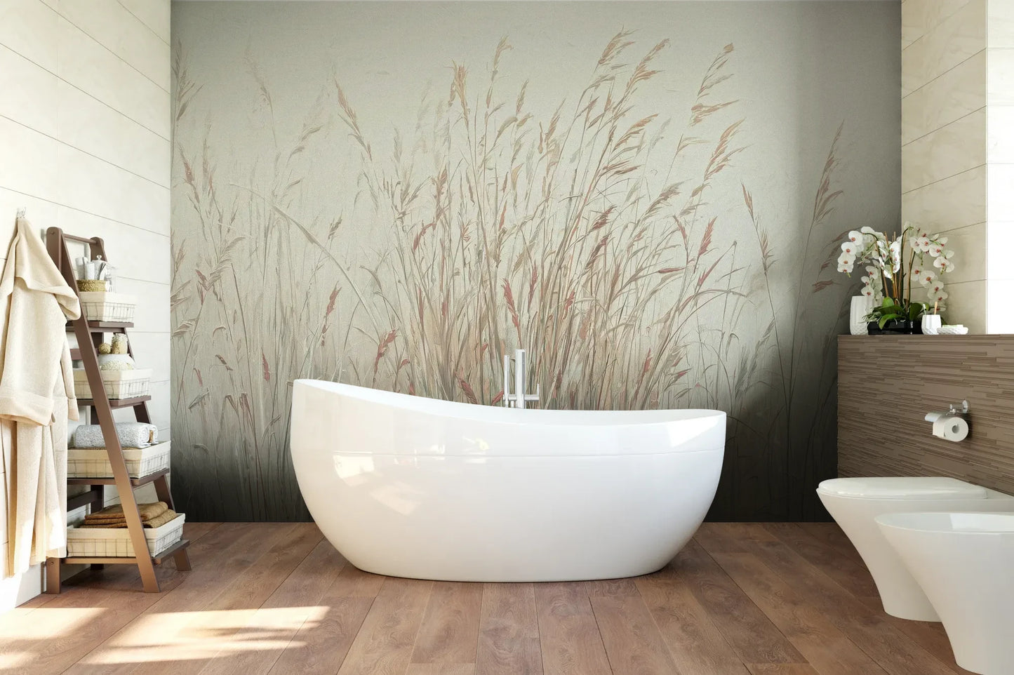 Wzór fototapety MORNING WHISPERS - tapeta z mglistymi trawami o świcie pokazanej w aranżacji łazienki.