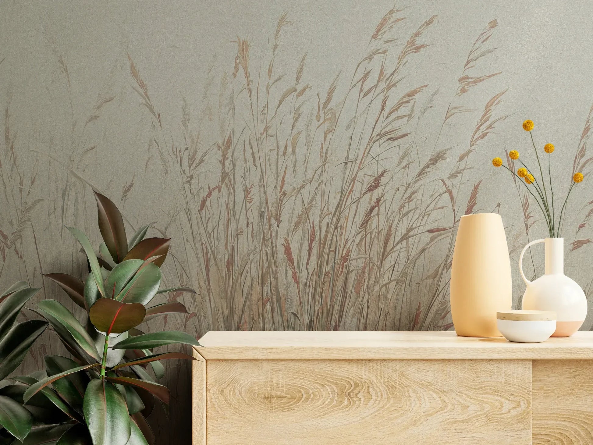 Fototapeta MORNING WHISPERS - tapeta z mglistymi trawami o świcie pokazana w aranżacji wnętrza z akcentem na ścianie.