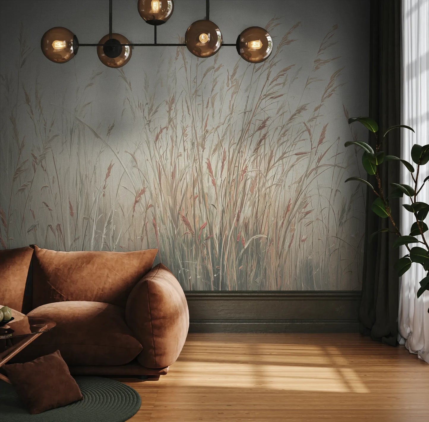 Fototapeta MORNING WHISPERS - tapeta z mglistymi trawami o świcie pokazana w aranżacji wnętrza z akcentem na ścianie.