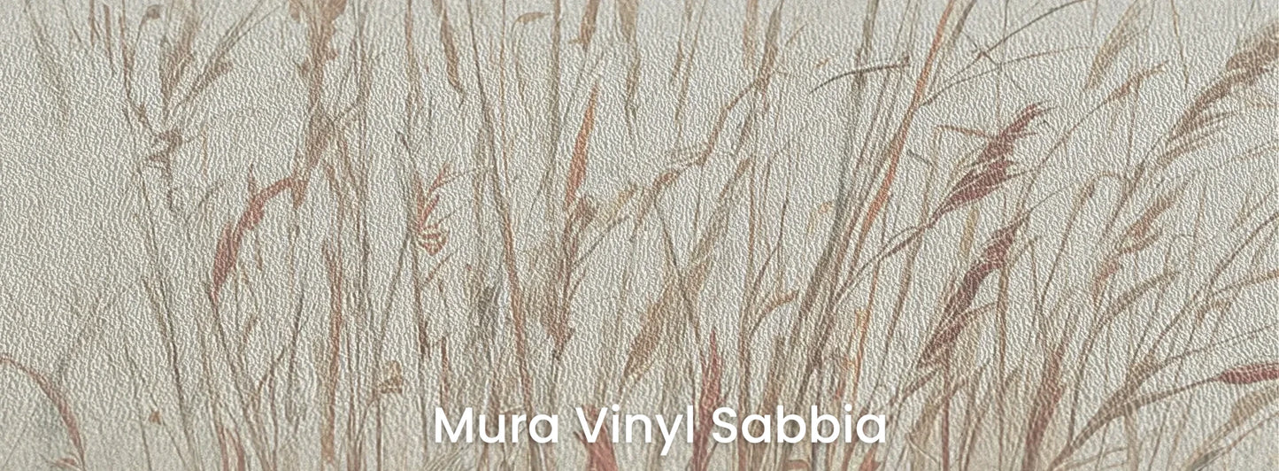 Zbliżenie na fototapetę MORNING WHISPERS - tapeta z mglistymi trawami o świcie na podłożu o strukturze ziarna piasku.