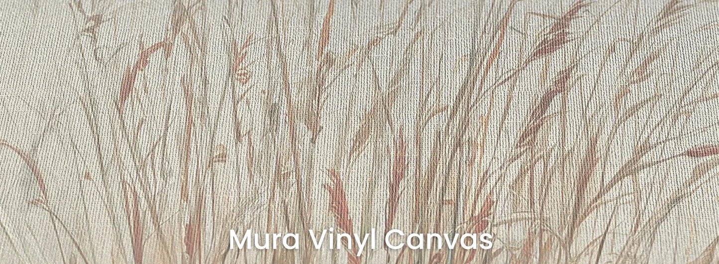 Zbliżenie na fototapetę MORNING WHISPERS - tapeta z mglistymi trawami o świcie na podłożu o fakturze płótna.