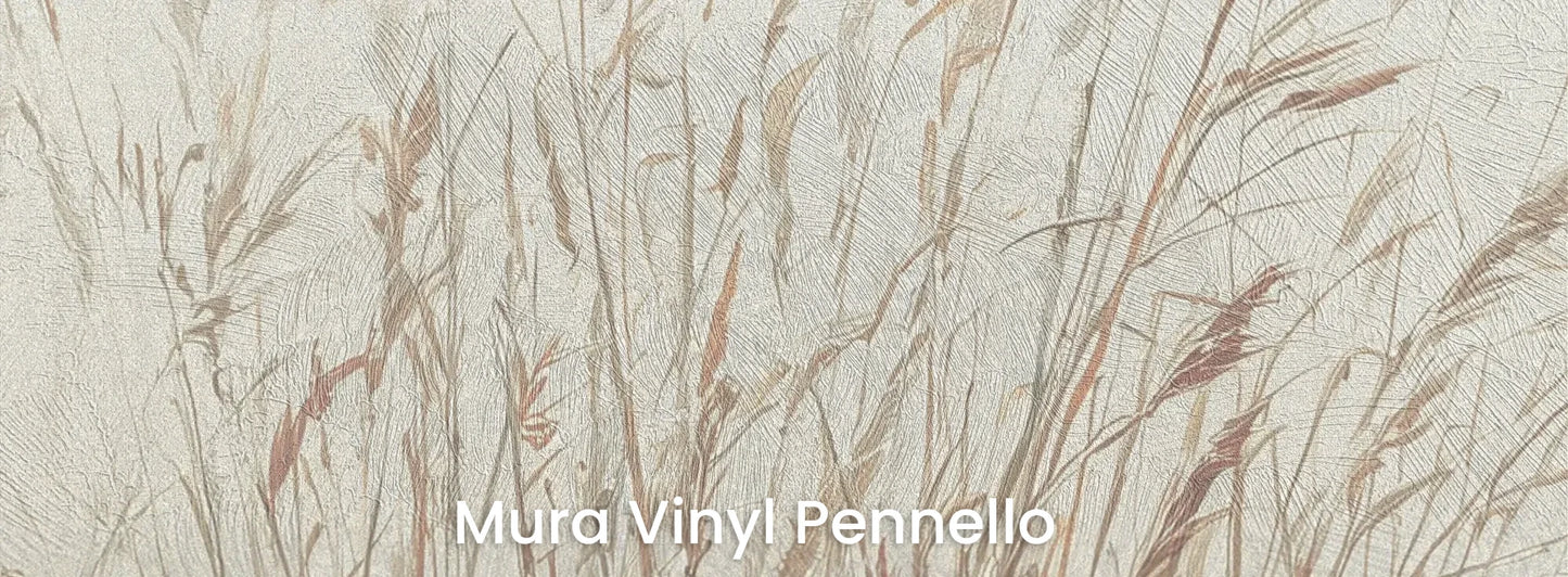 Zbliżenie na fototapetę MORNING WHISPERS - tapeta z mglistymi trawami o świcie na podłożu o fakturze pociągnięć pędzla.