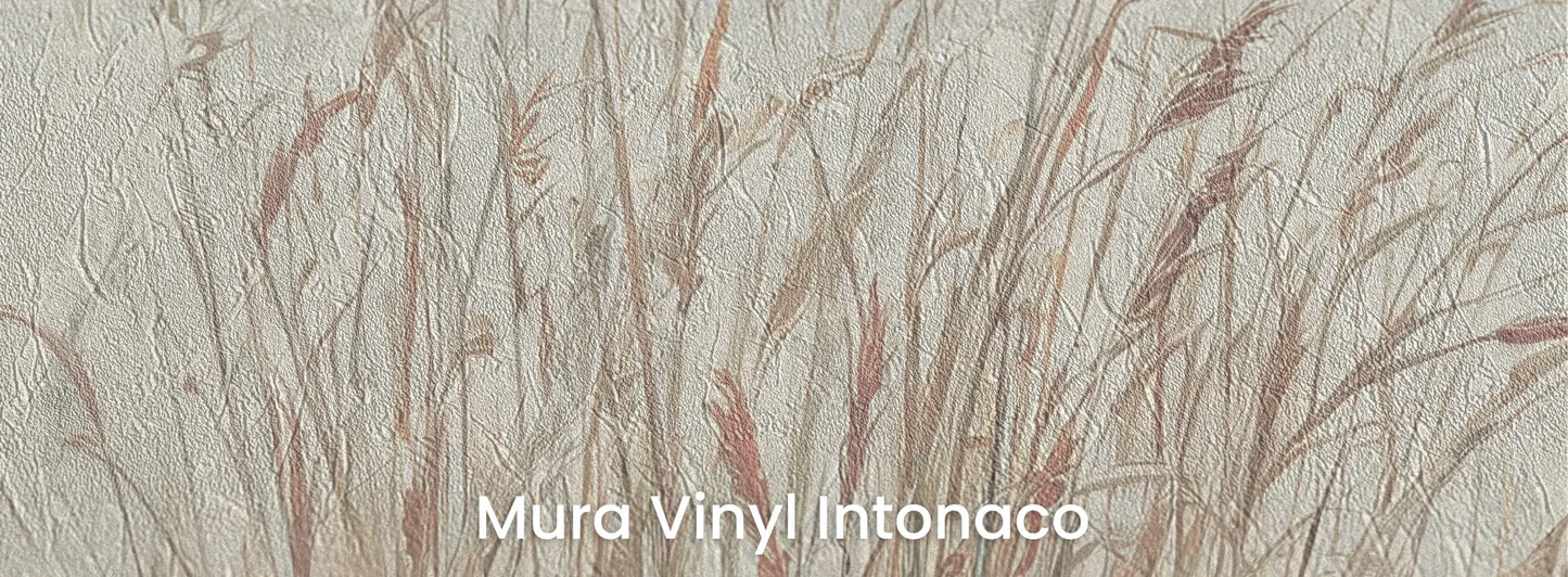 Zbliżenie na fototapetę MORNING WHISPERS - tapeta z mglistymi trawami o świcie na podłożu o strukturze tartego tynku.