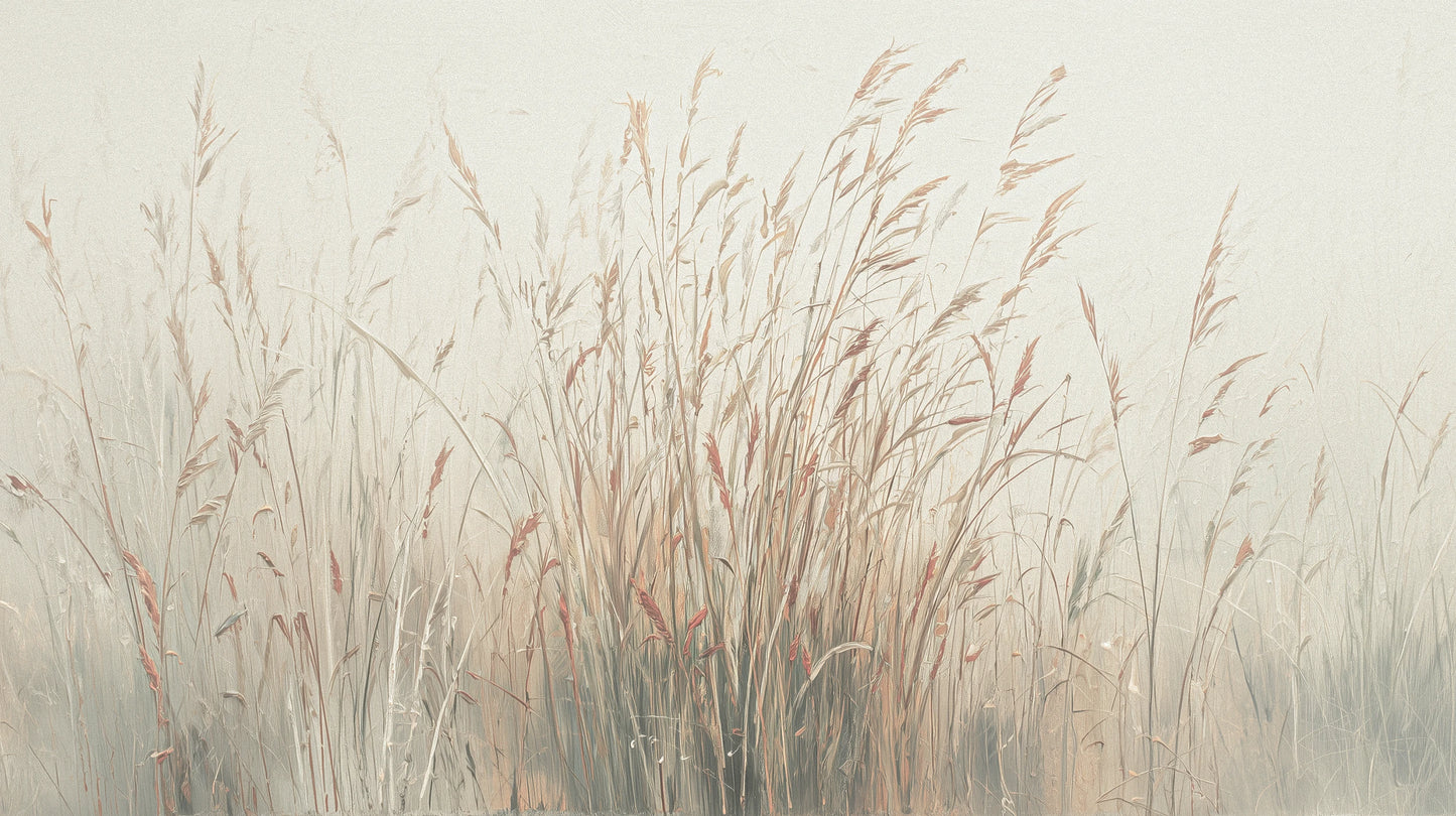 Prezentacja całego wzoru fototapety o nazwie MORNING WHISPERS - tapeta z mglistymi trawami o świcie
